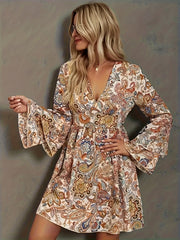 Boho Dress Women's Plus Paisley Floral Print Bell Sleeve V Nec