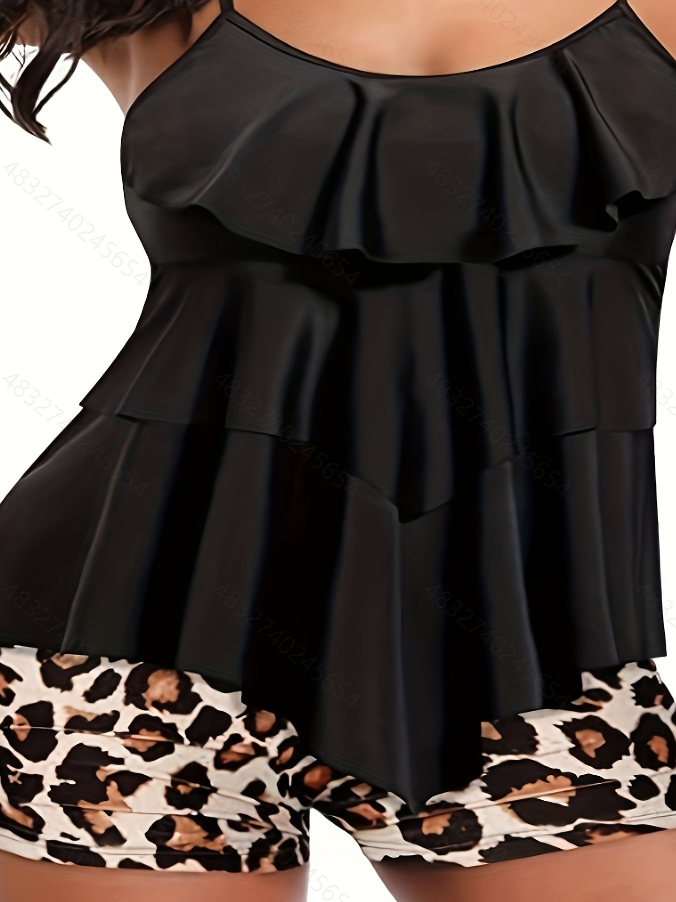 Tankini Set Ruffled Trim Top & Leopard Print Shorts Swimsuit