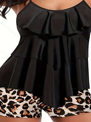 Tankini Set Ruffled Trim Top & Leopard Print Shorts Swimsuit