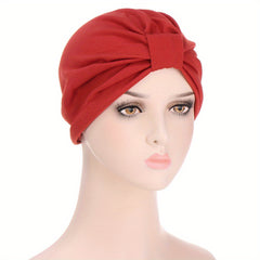 Pleated Square Knot Turban Hat Women Solid Hijab Hat Casual Elastic Head Wrap