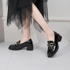 Women's PU Leather Block Heel Loafers Comfort Metal Chain Decor Square Toe Shoes