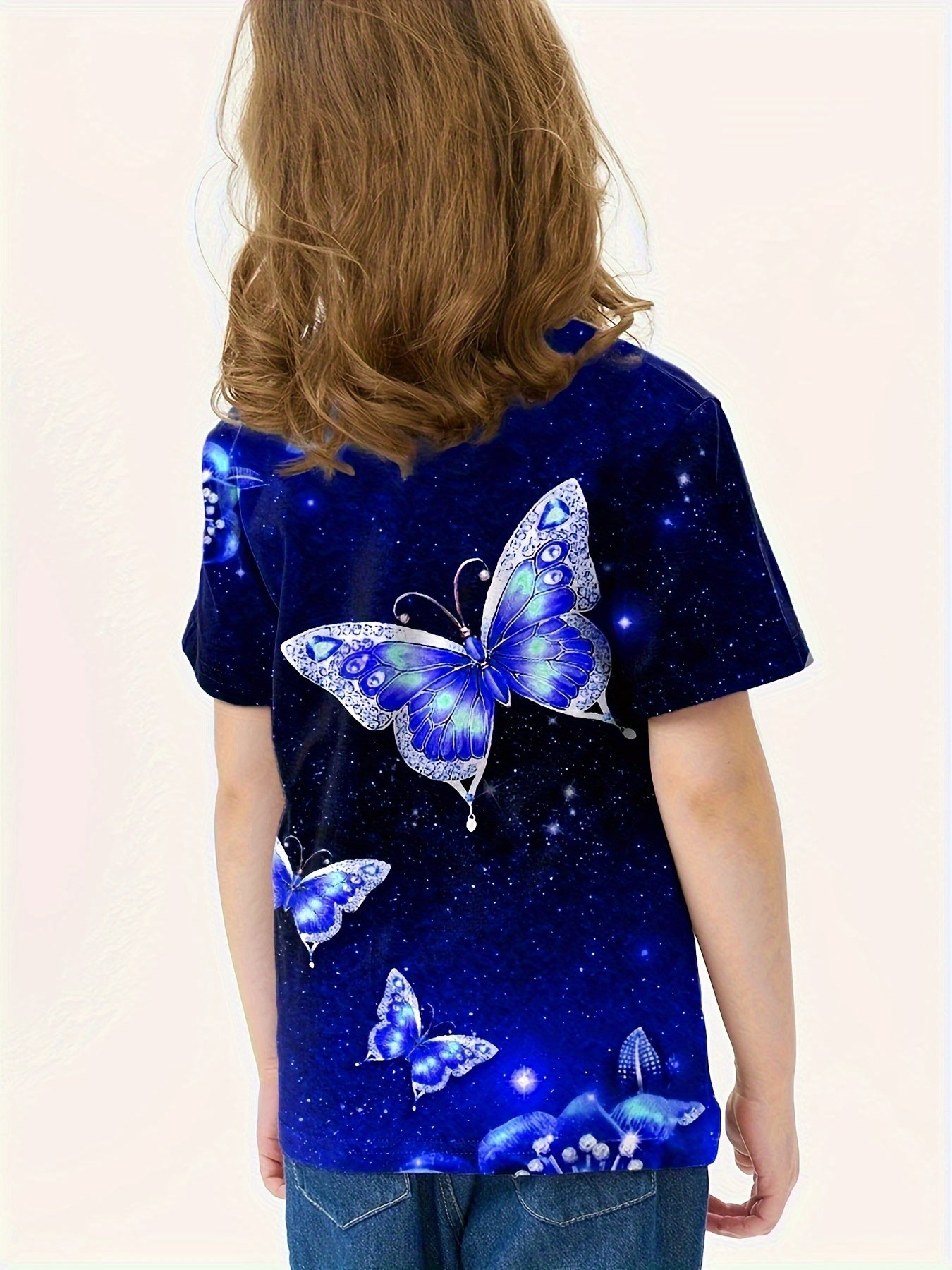 Butterfly Pattern Crew Neck Short Sleeve T-shirt for Summer Sports