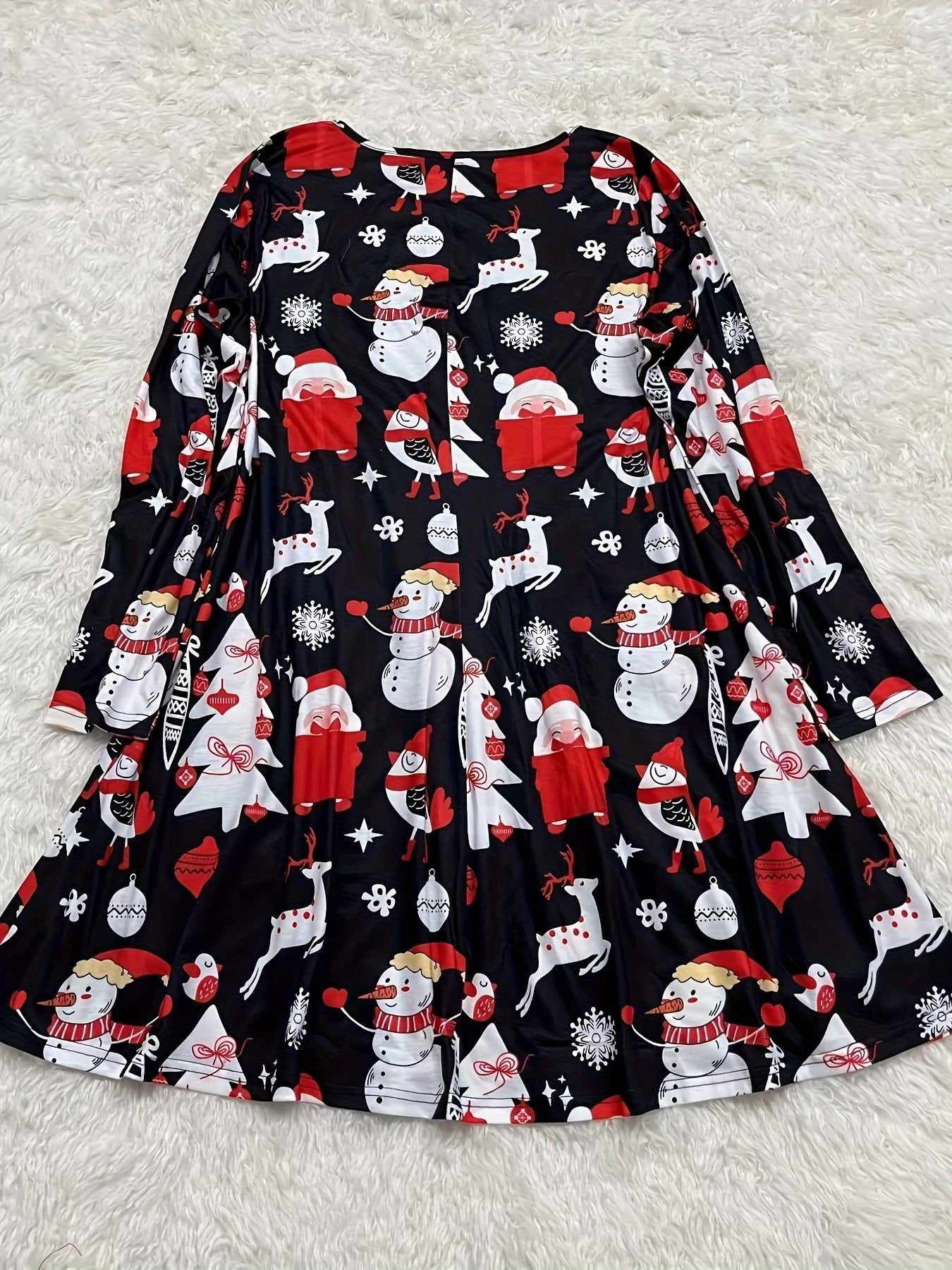 Christmas Dress Women's Plus Santa Claus & Snowman Print Long Sleeve