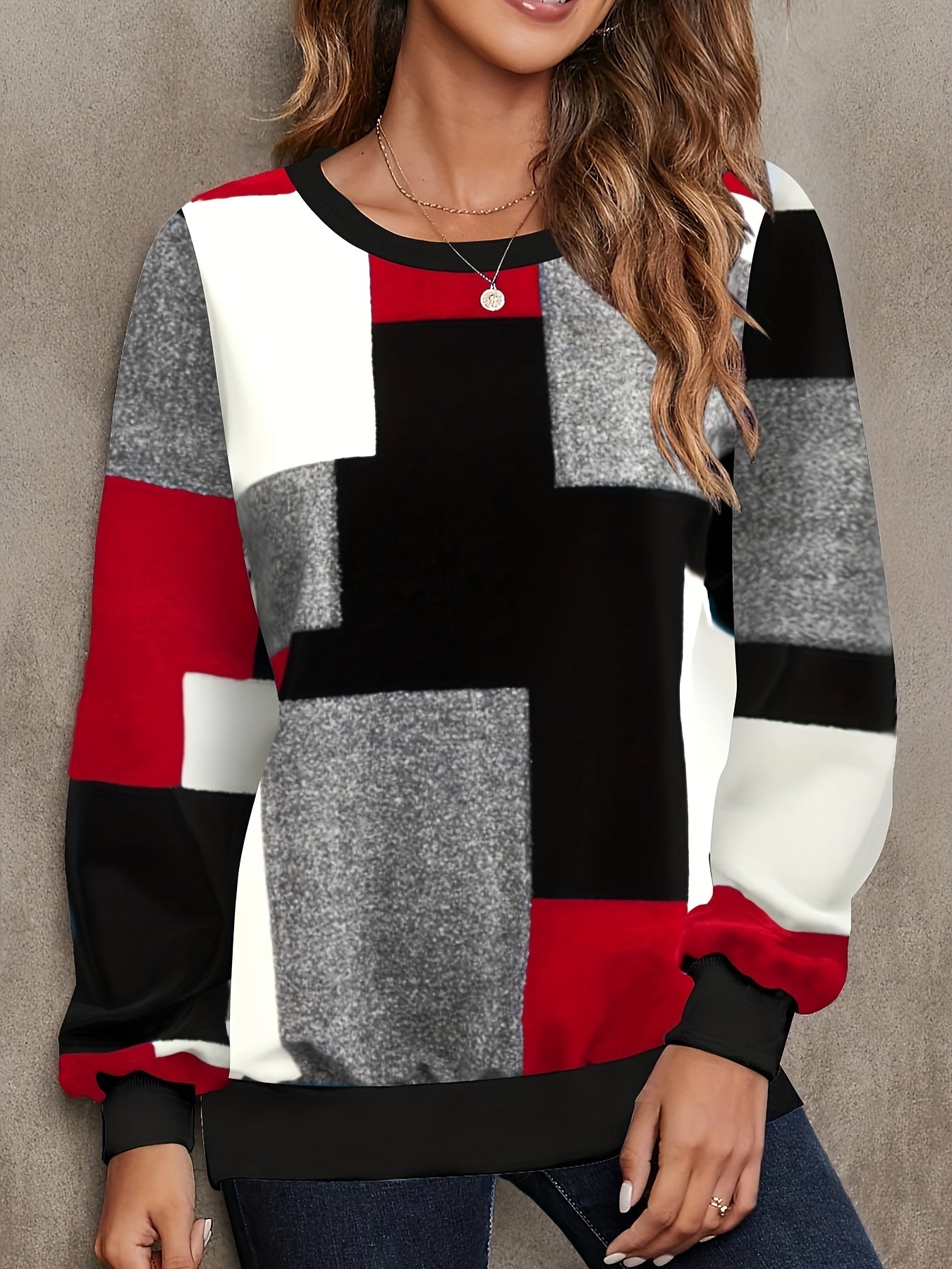Block Crew Neck Pullover Sweatshirt for Women
