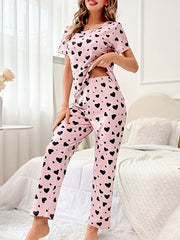 Heart Print Pajama Set Short Sleeve Top & Lounge Pants Women's Sleepwear