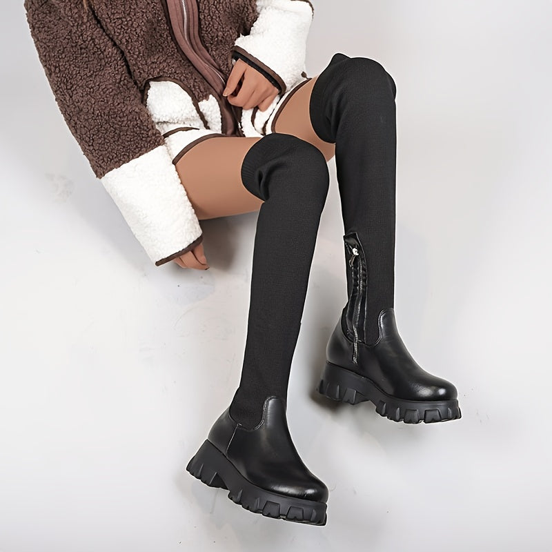 Women's Thick Bottom High Boots Round Toe Sock Booties