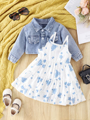 Baby Girls Stylish Denim Short Coat & Floral Print Suspender Dress Set