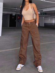 Brown Loose Flap Pockets Cargo Pants High Rise Wide Legs Long Baggy Cargo Pants