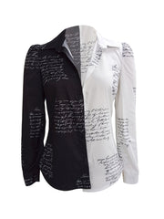 Colorblock Letter Print Button Down Blouse