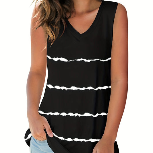 Striped Print Tank Top V Neck Sleeveless Summer Top