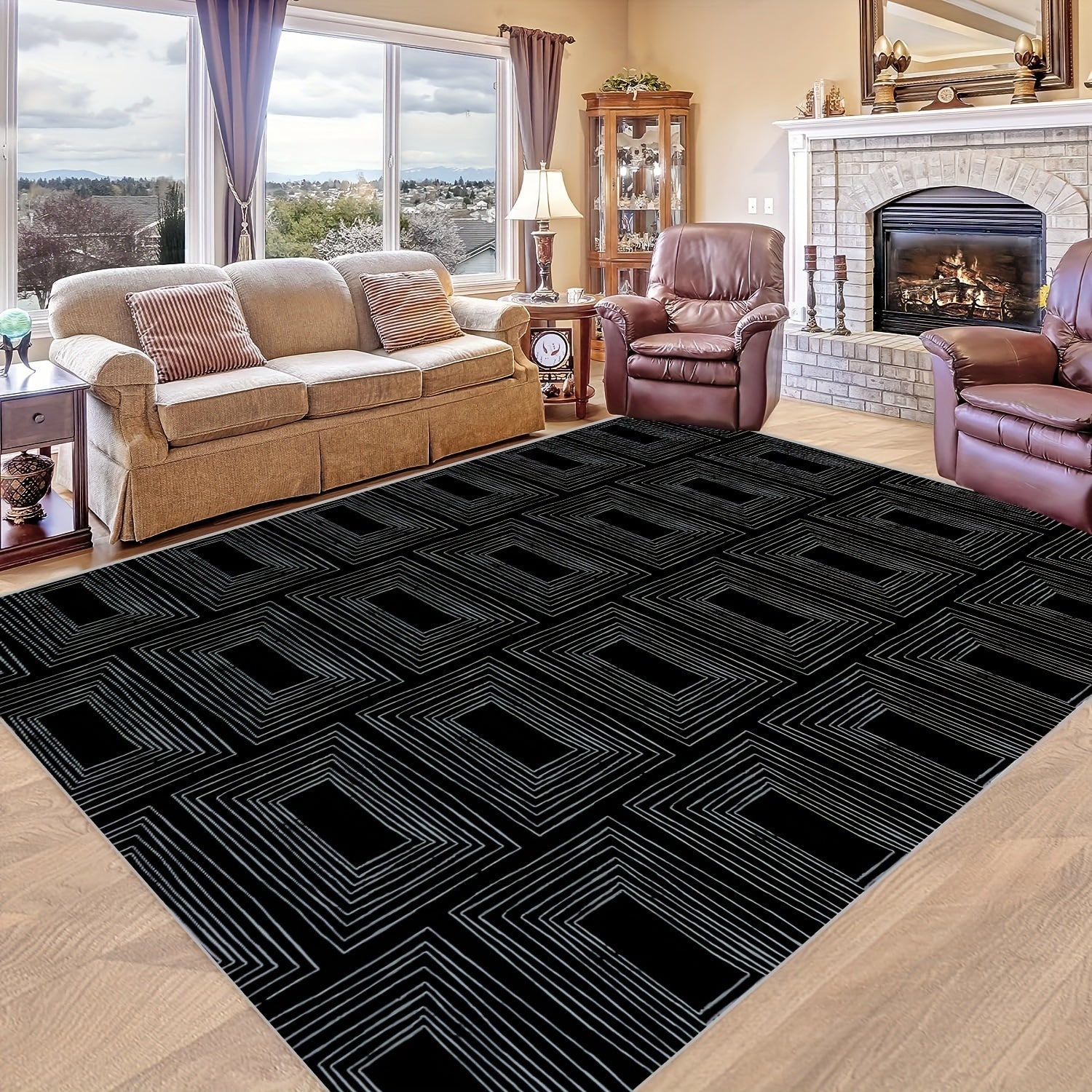 Non Slip Checkered Striped Carpet - Machine Washable Large Carpet for Daily Use