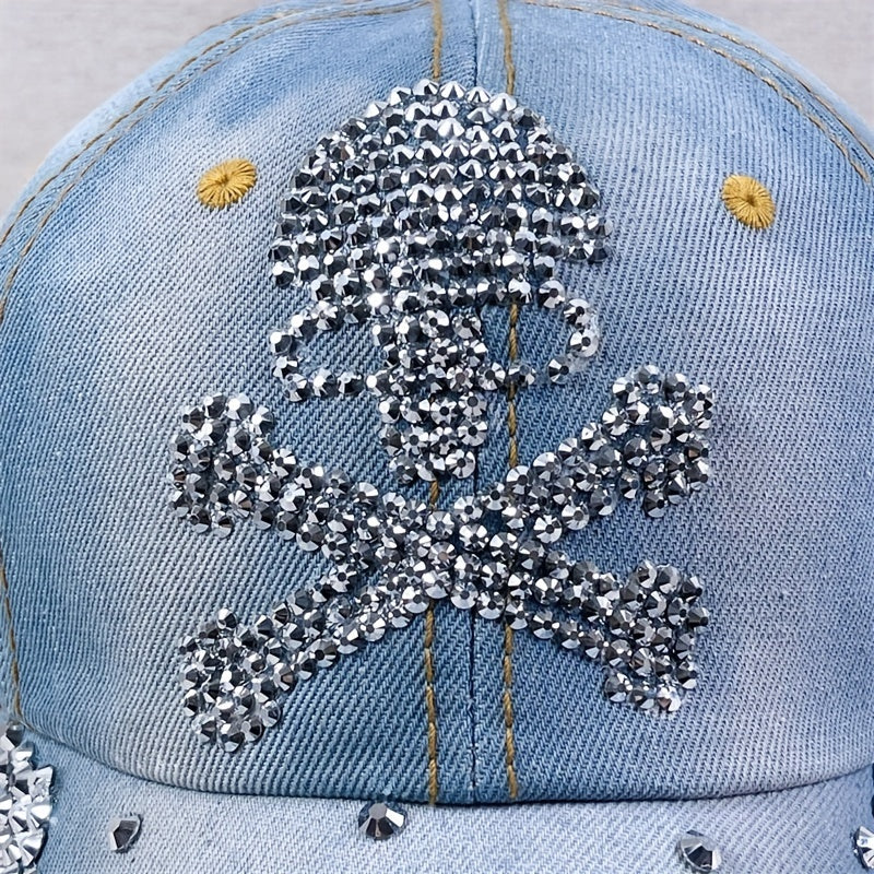 Washed Distressed Baseball Cap Rhinestone Skull Denim Dad Hats Light Adjustable