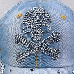 Washed Distressed Baseball Cap Rhinestone Skull Denim Dad Hats Light Adjustable