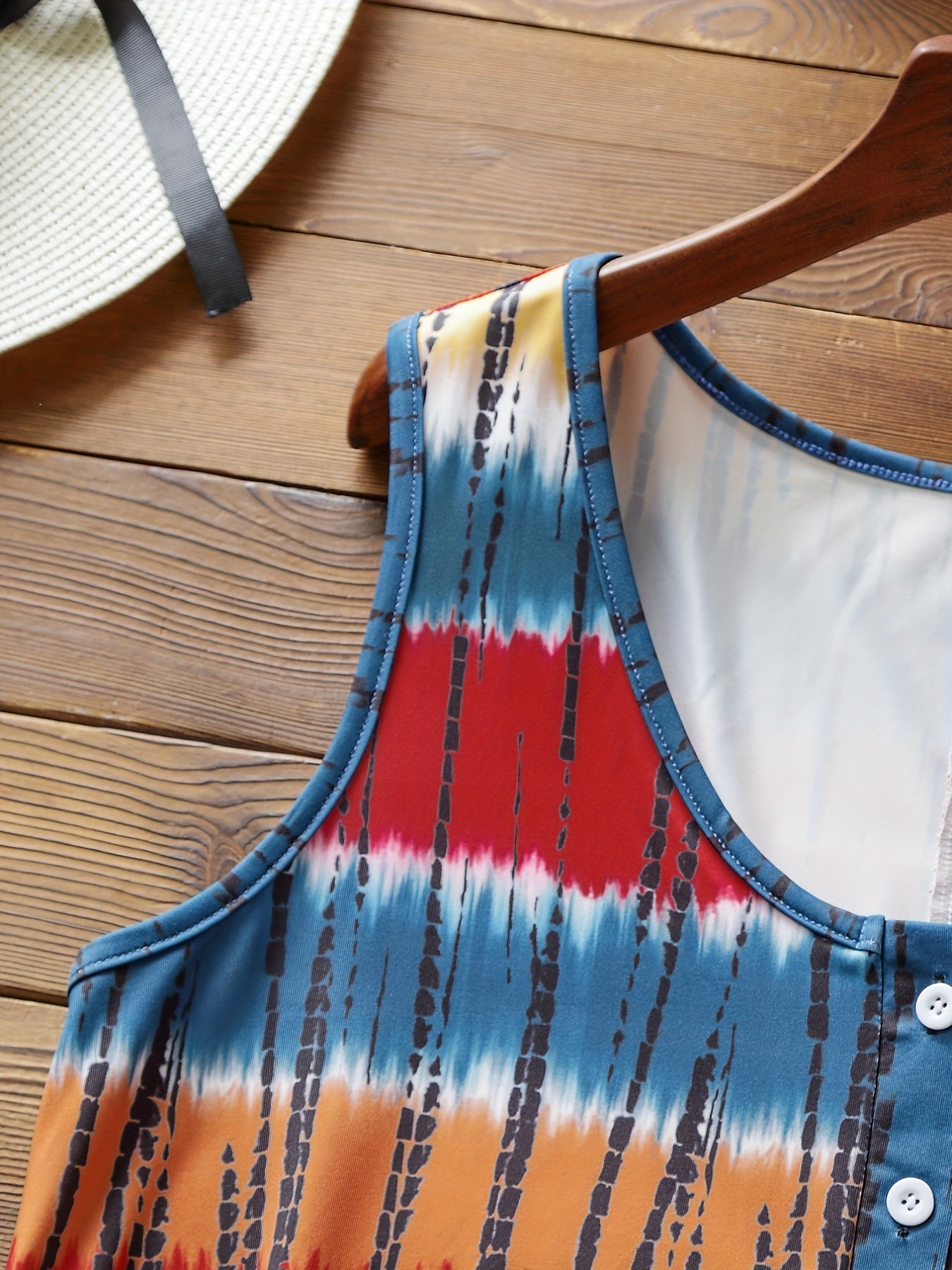 Tie Dye Button Up Tank Top Round Neck Medium Stretch