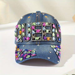 Rhinestone QUEEN Patch Baseball Cap Y2K Denim Sports Hat