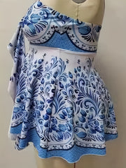 Floral Print Tankini Set Women's Draped Front Tube Top & Shorts