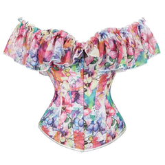 Pastel Floral Corset Top Off Shoulder All Over Print Adjustable Waist Cincher