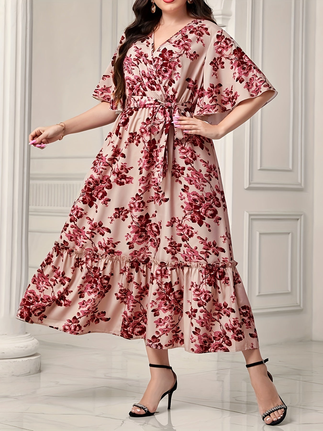 Women's Plus Floral Print Flutter Sleeve Maxi Smock Dress with Belt