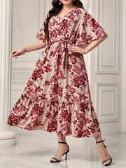 Women's Plus Floral Print Flutter Sleeve Maxi Smock Dress with Belt