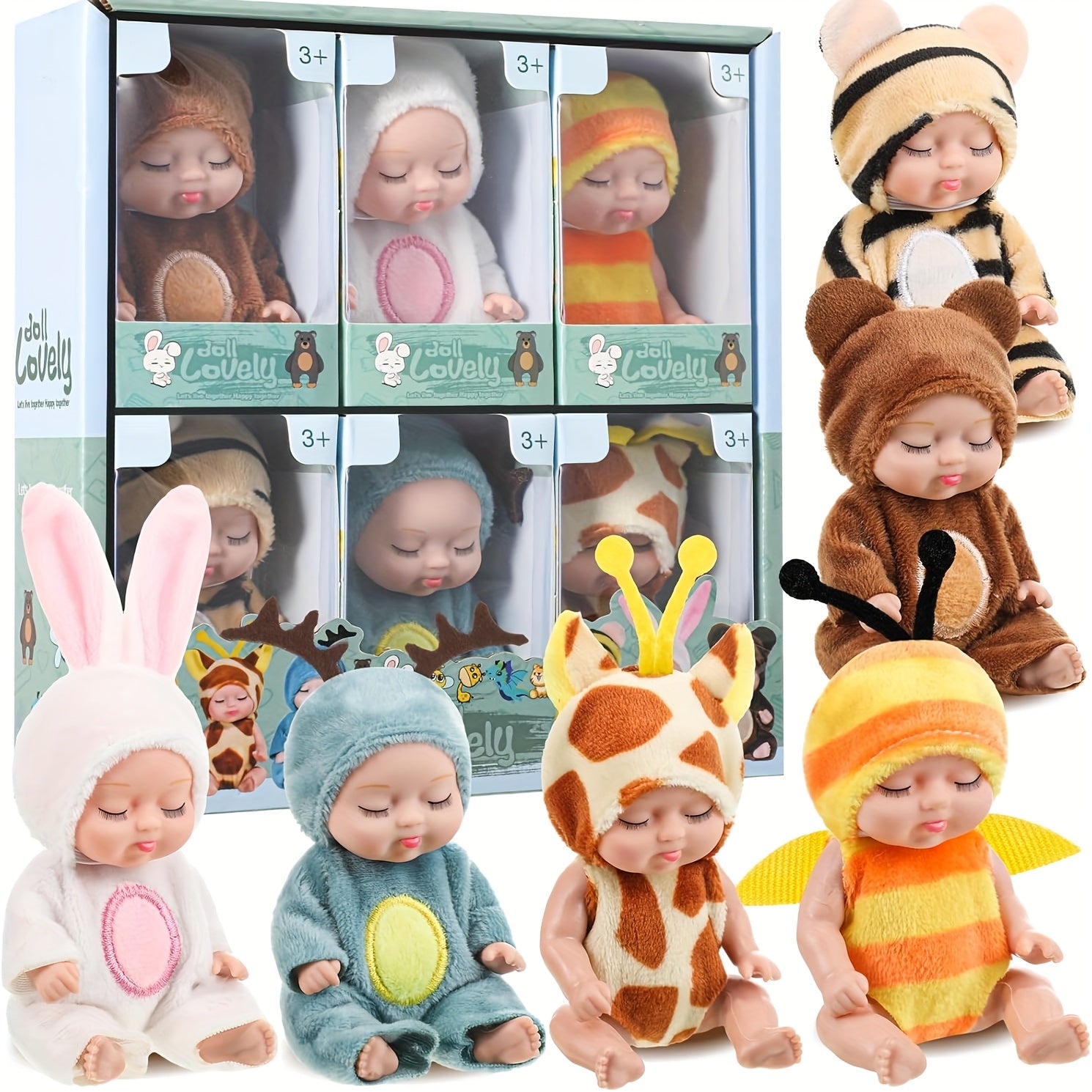 6 Pack Mini Dolls Set with Changeable Outfits Assorted Animal Costumes