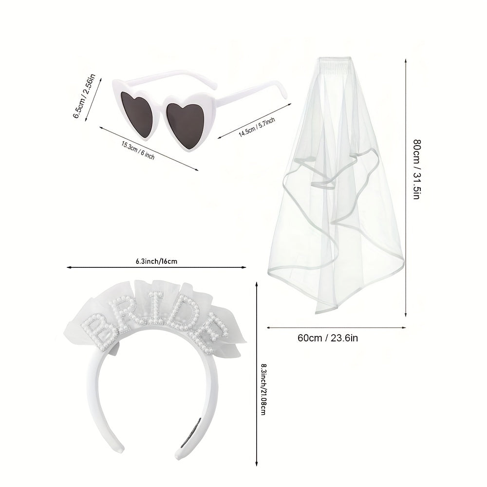 3pcs Wedding Veil & Pearl Headband Set Bachelorette Bride Accessori
