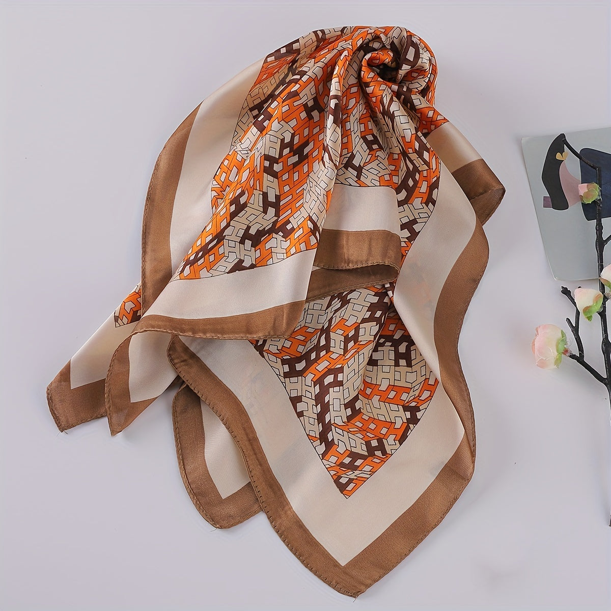 Letter Floral Print Bandana Block Satin Square Scarf