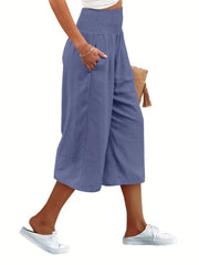 Solid Shirred Wide Leg Capris Pants Casual Loose Pants