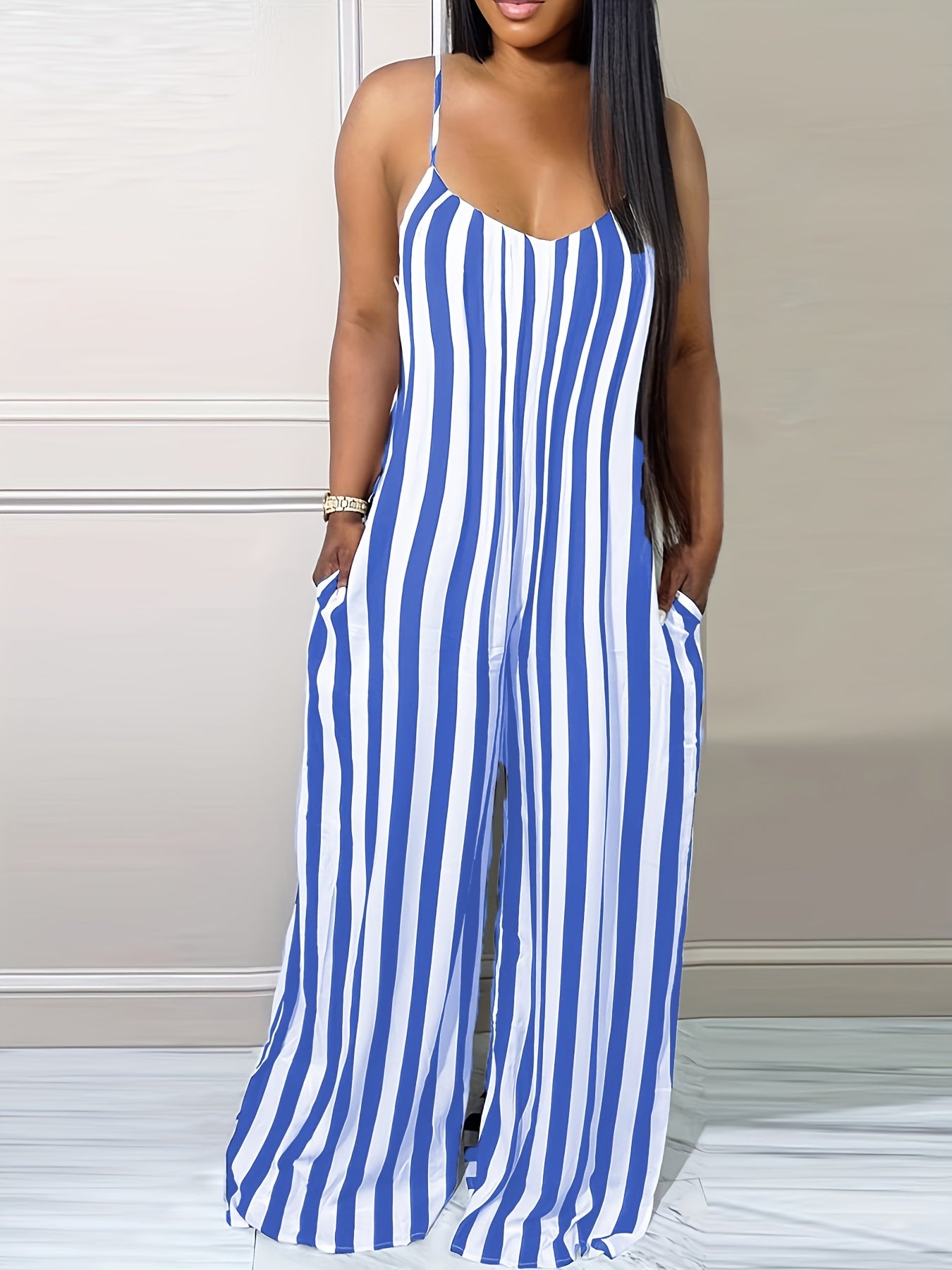Stripe Print Cami Jumpsuit Spaghetti Strap Women's Clothing