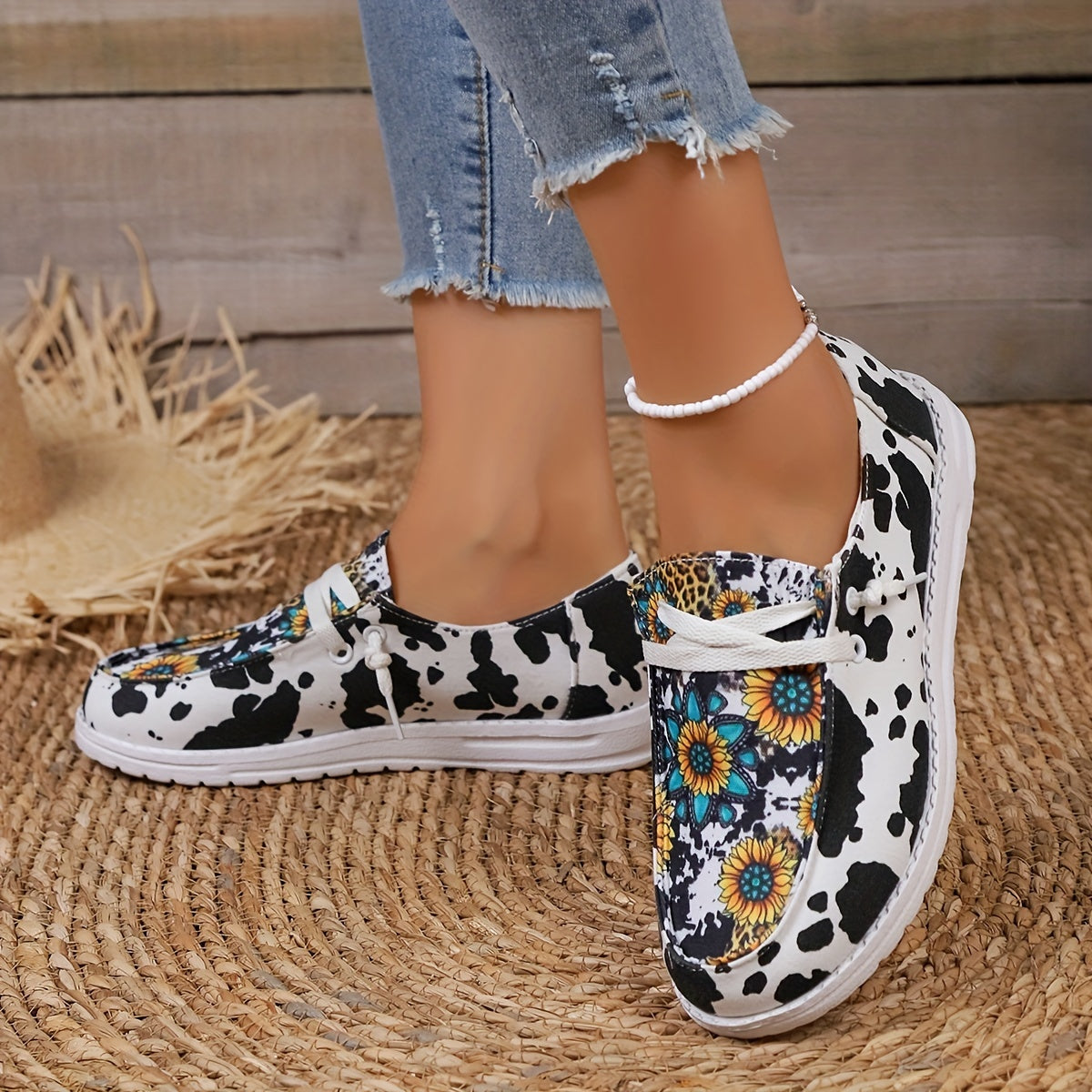 Women's Sunflower & Cow Print Canvas Loafers Casual Flat Sneakers