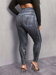 3D Denim Rhinestone Print High Rise Leggings Plus Size