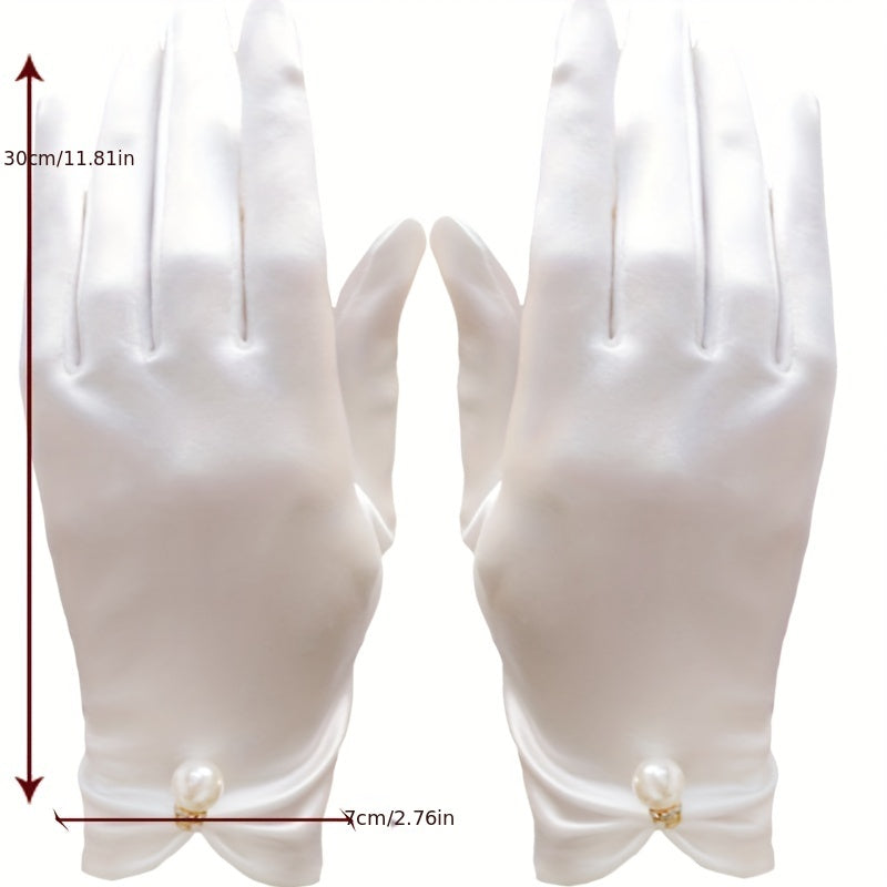 Faux Pearl Decor Wedding Gloves Satin Gauze Bridal Dress Accessories