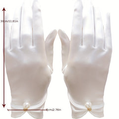 Faux Pearl Decor Wedding Gloves Satin Gauze Bridal Dress Accessories