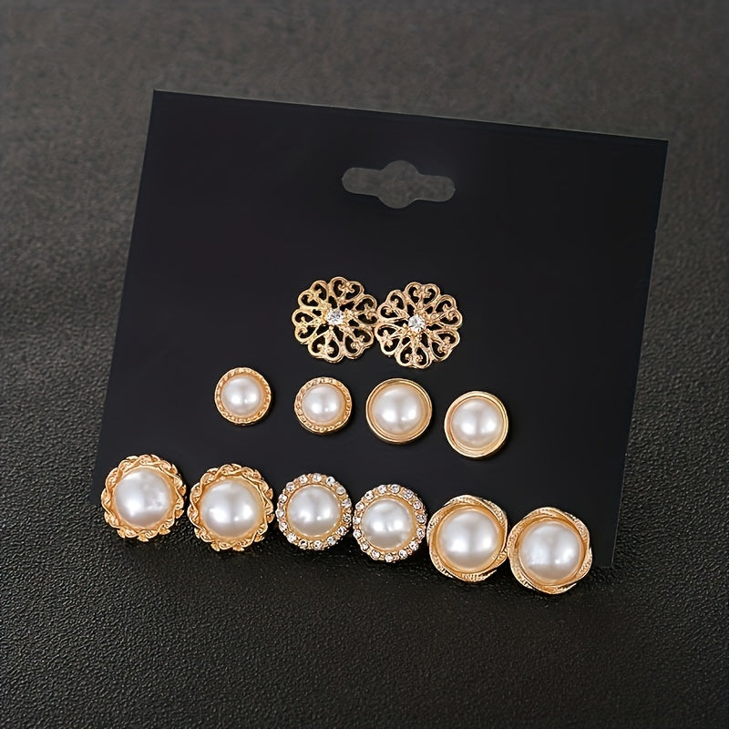Girl's Stud Earrings Set Faux Pearl & CZ Geometric Mini Ear Studs