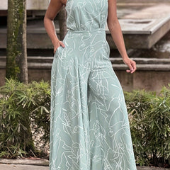 Abstract Print Wide Leg Jumpsuit Sleeveless For Spring & Summer