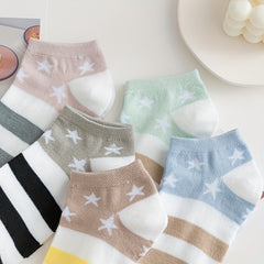 5 Pairs Striped & Star Print Ankle Socks Women's Stockings