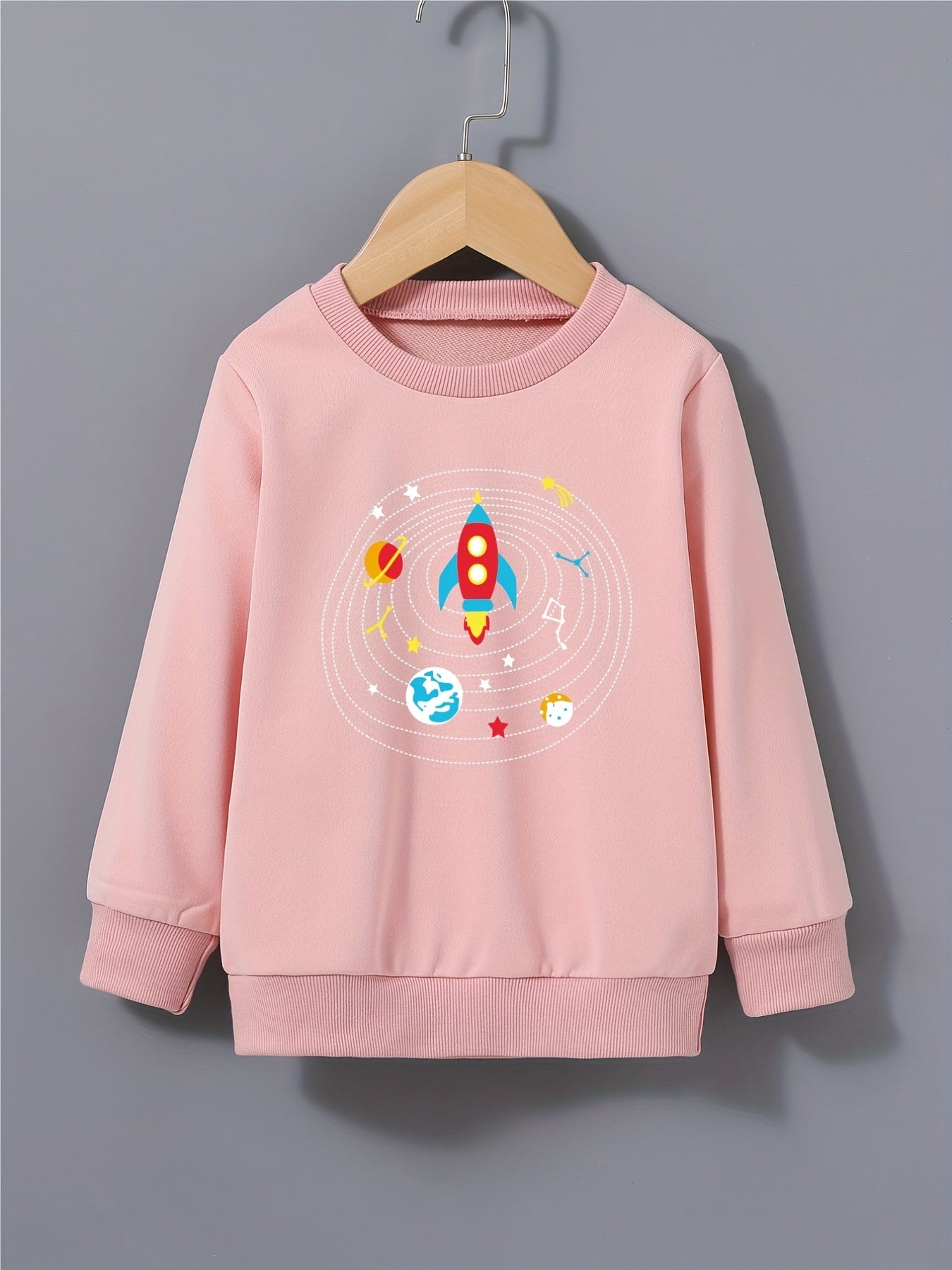 Cartoon Rocket Print Boys Sweatshirt Long Sleeve Crew Neck Tops