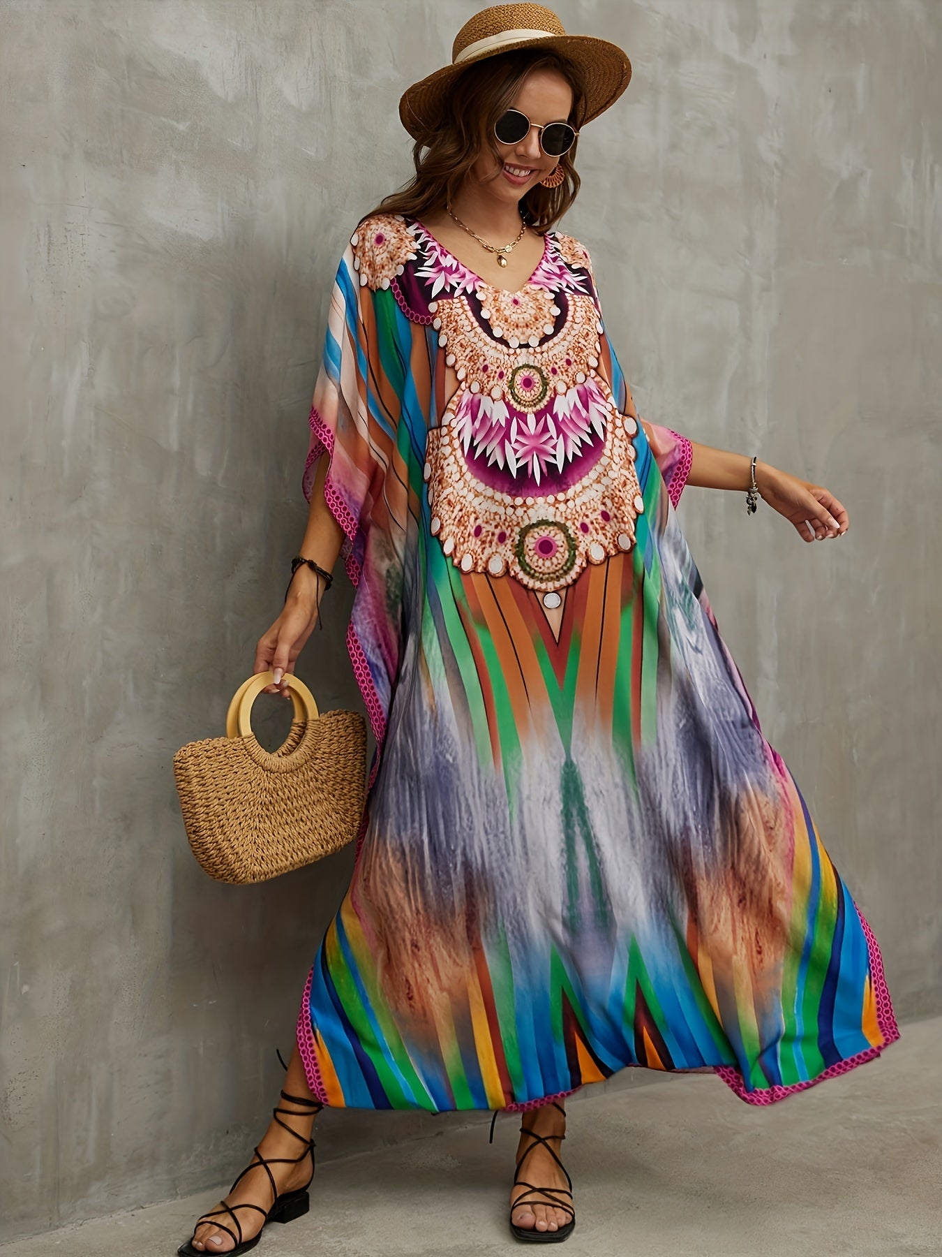 Boho Floral Print Cover Up Dress