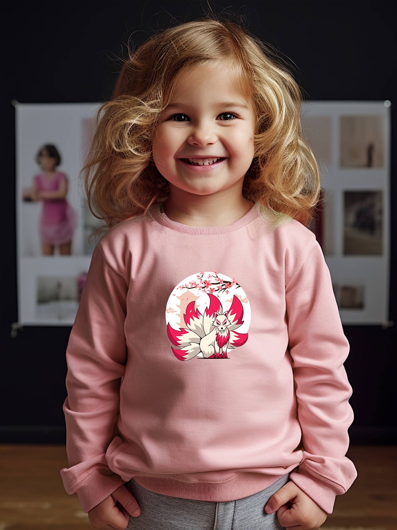Girls Fox Pattern Crew Neck Long Sleeve Sweatshirt For Spring Fall