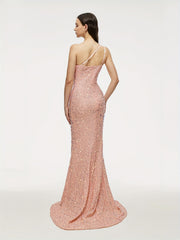 Sequined One Shoulder Split Dress Sexy Sleeveless