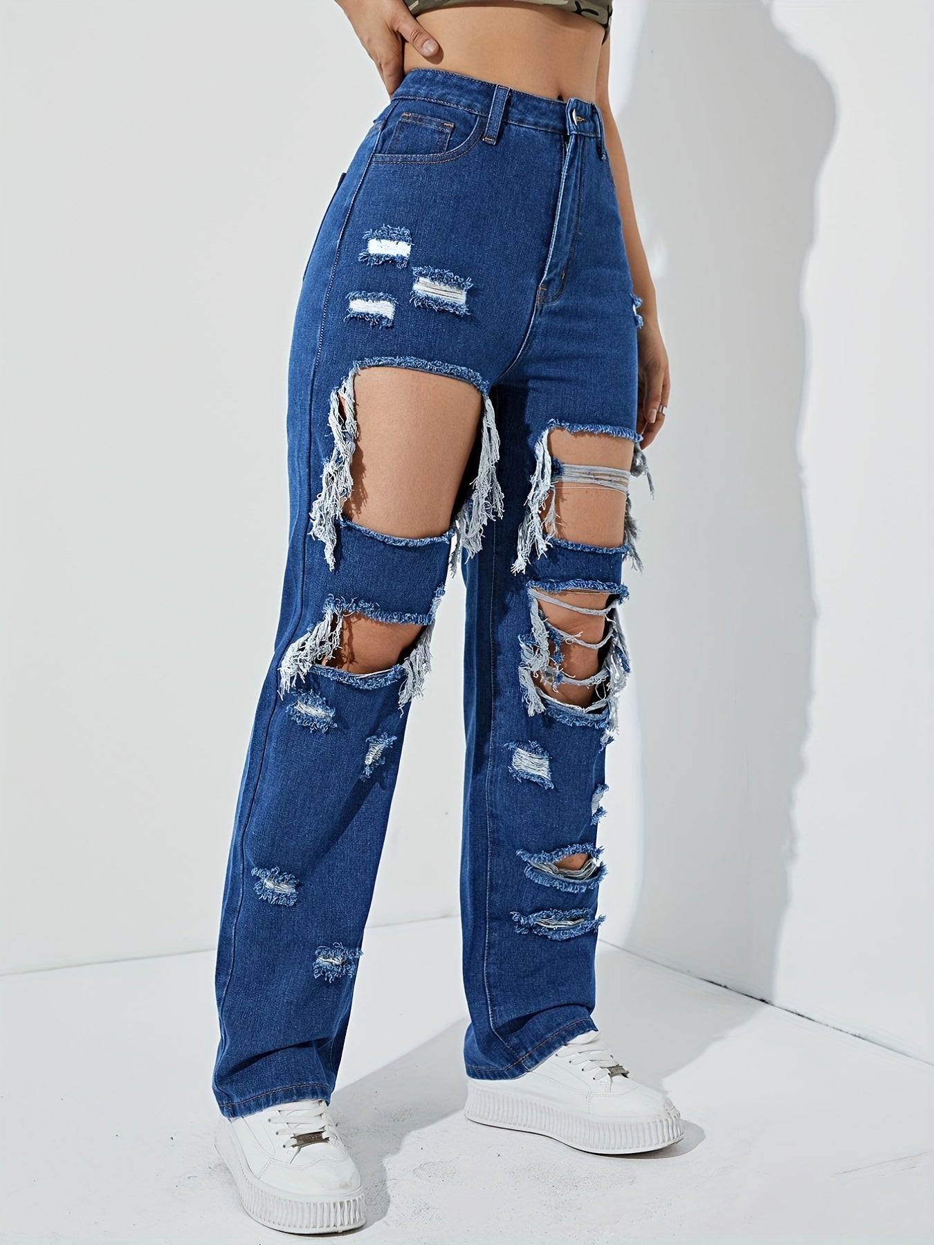 Destroyed Legs Ripped Distressed Denim Jeans Slim Fit