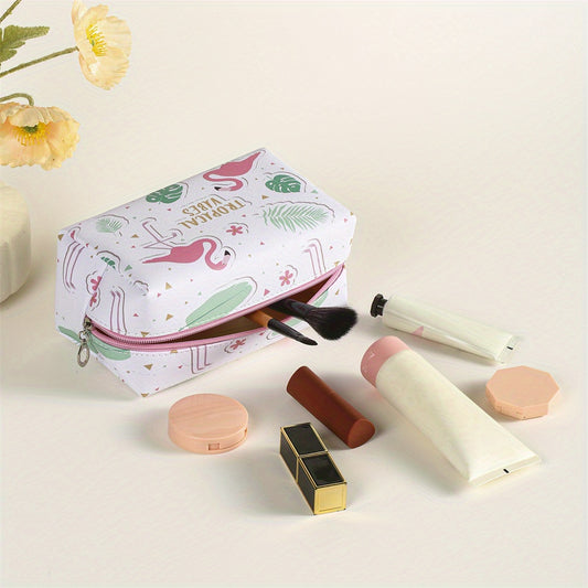 Flamingo Pattern Makeup Bag Roomy Square PU Makeup Pouch Zipper Travel Organizer