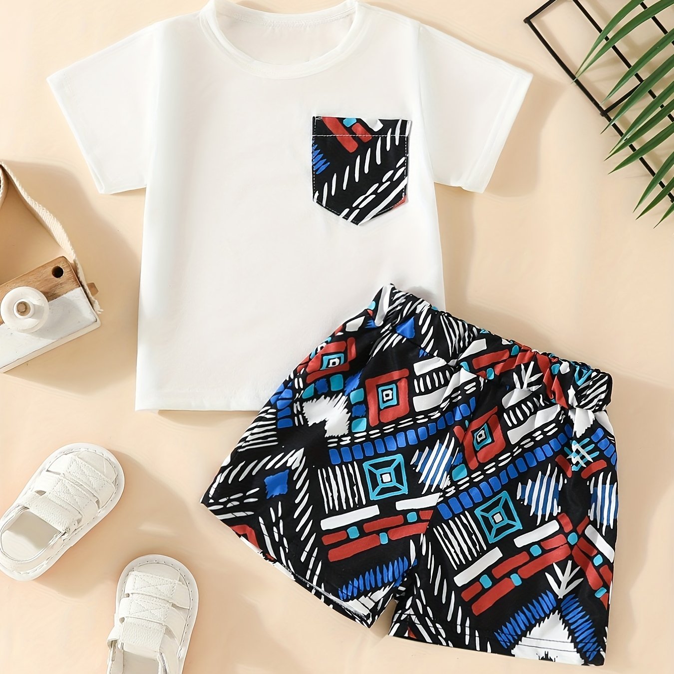 Baby Boy's Stylish Outfit Short Sleeve T Shirt Plaid Shorts 2pcs
