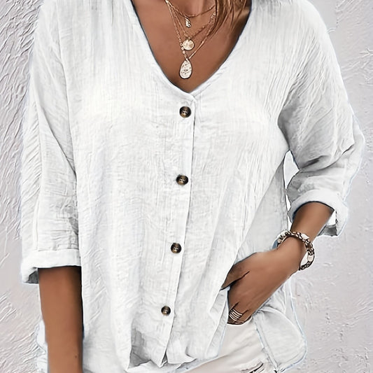 Casual Blouse Women's Solid Button Up Long Sleeve V Neck Shirt