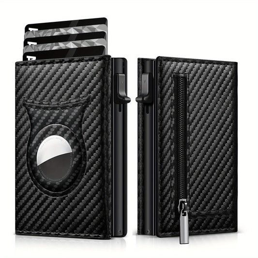Men's Carbon Fiber Magnetic Card Holder Airtag Leather RFID Zipper Coin Purse