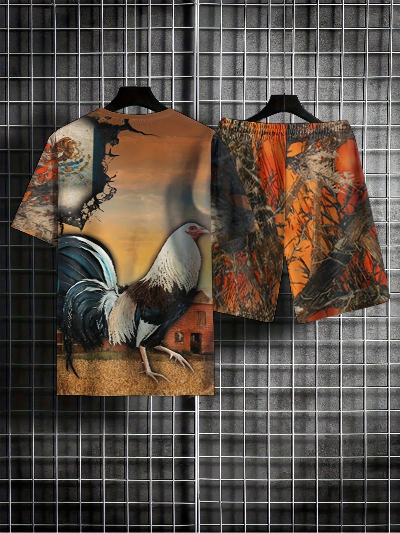 Rooster Pattern Men's 2 Piece Outfits T-shirt And Shorts Set