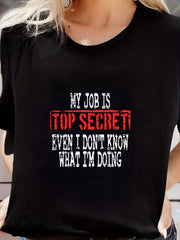 Letter Print Round Neck Casual T Shirts Mid Stretch Short Sleeve
