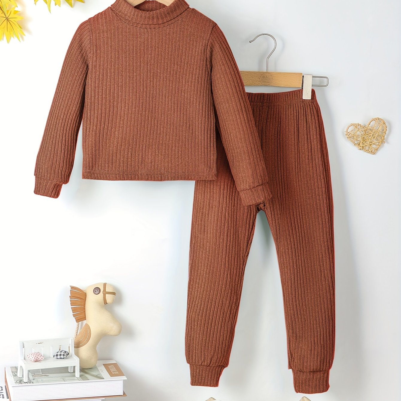 Girl's Solid 2pcs Top & Ribbed Pants Set for Spring Fall