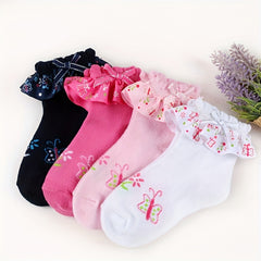 Girls Floral Ruffle Trim Short Crew Socks - Comfortable Princess Socks