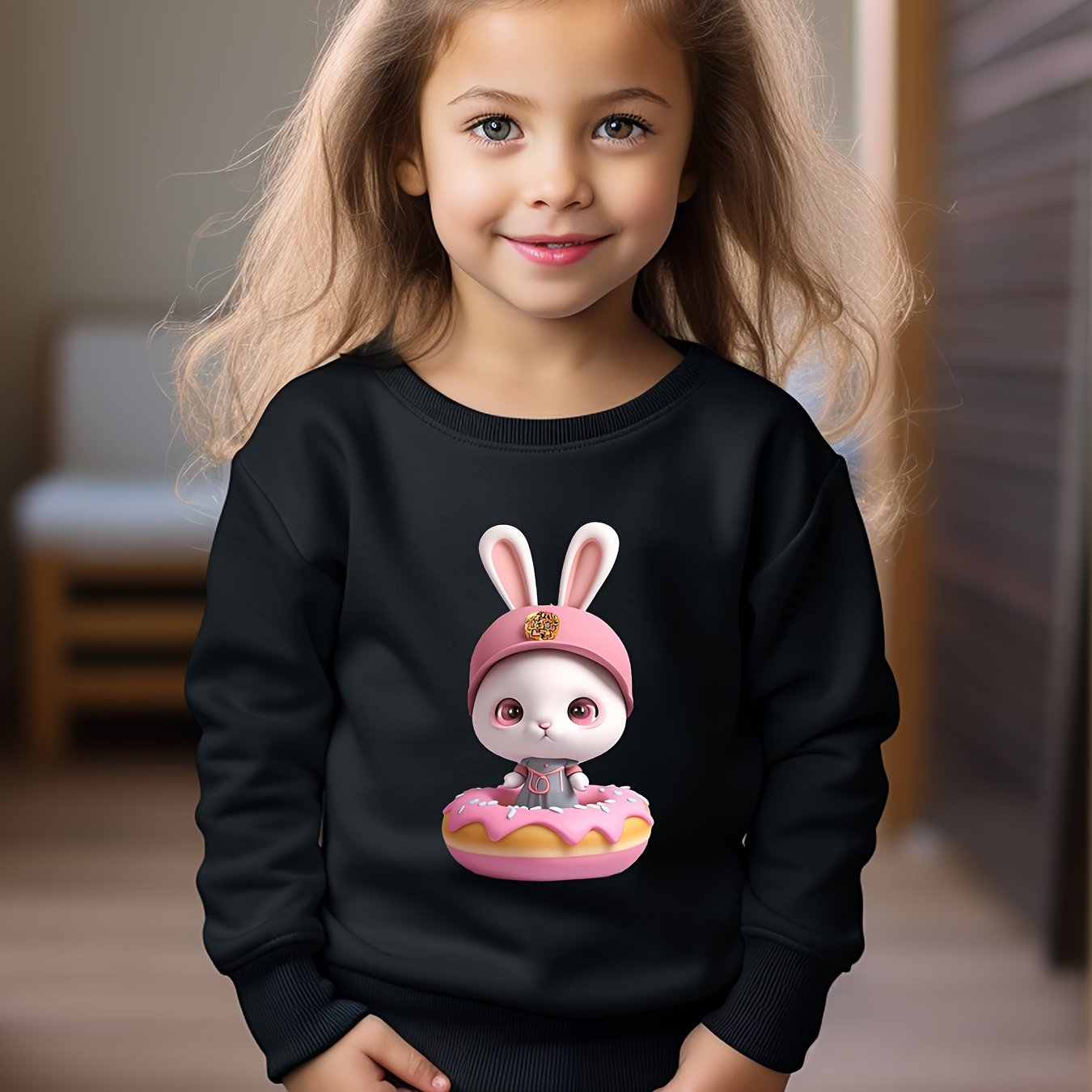 Bunny And Donut Print Girls Sweatshirt Crew Neck Tops