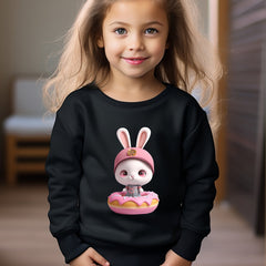 Bunny And Donut Print Girls Sweatshirt Crew Neck Tops